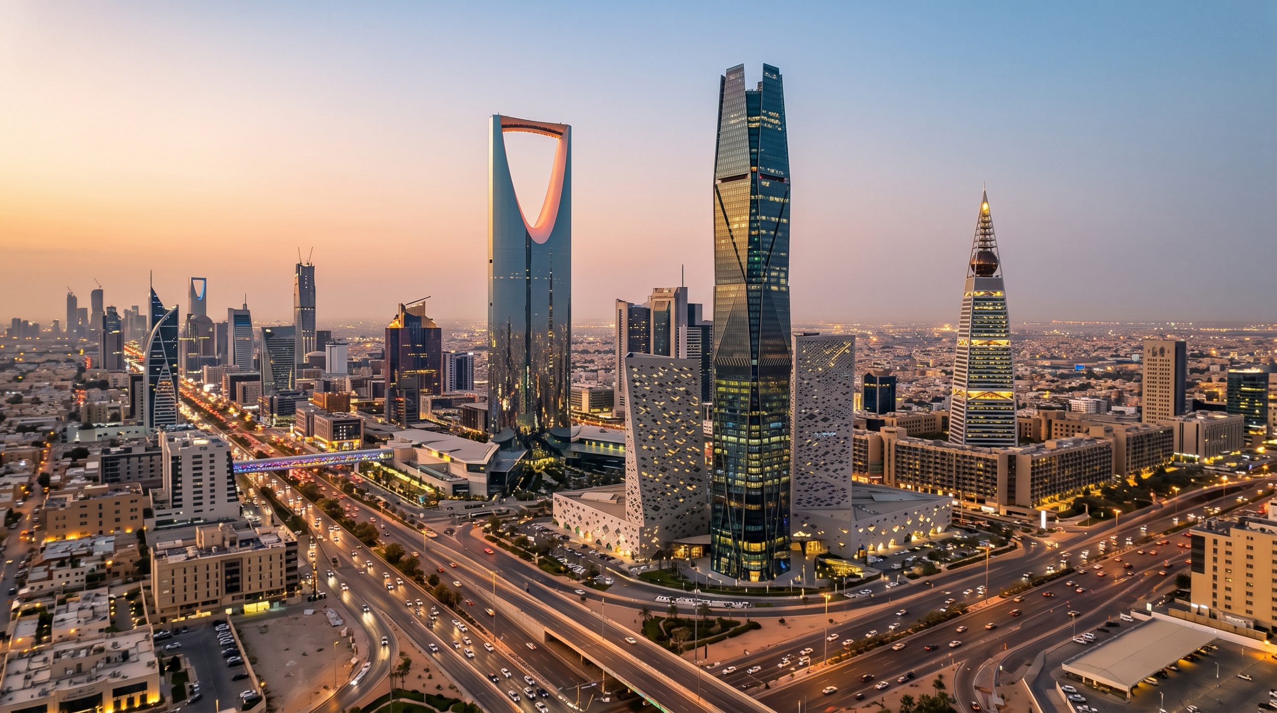 The Riyadh skyline at dusk.