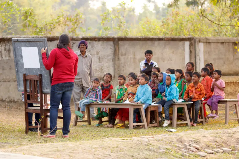 Rural education program outdoors teaching children areas isolated villages assam india classroom